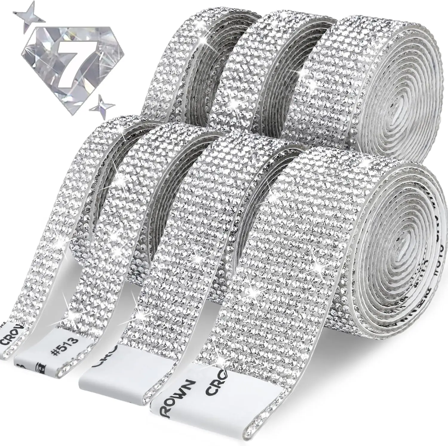 

7 Rolls Rhinestone Ribbon Self Adhesive Crystal Diamond Strips for Crafts Car DIY Decoration, Silver, 4 Sizes