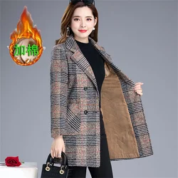 2023 Woolen Coat Women's Autumn Winter Middle-aged Plaid Woolen Blended Coat Elegant Slim Women Jacket Outerwear Overcoat Female