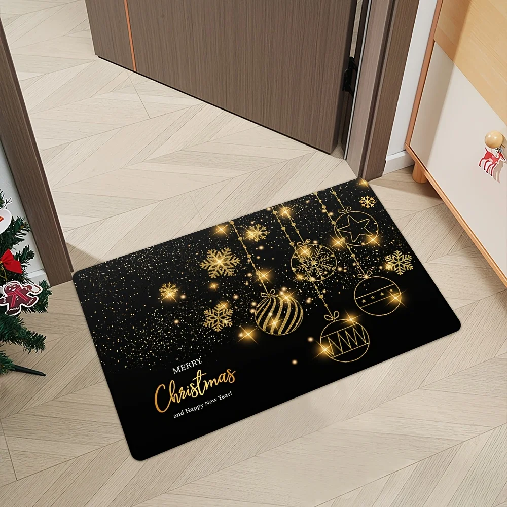 Christmas Black and Golden Snowflake Pattern Door Mat, Festive Entryway Mat for Holiday Cheer, Polyester Plush Winter Doormat