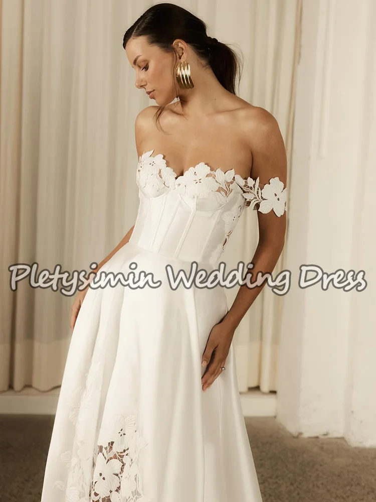 Robes de mariée élégantes en satin à épaules dénudées, avec applications en dentelle, style bohème, coupe A, robes de mariée civiles, robes de soirée, sur mesure