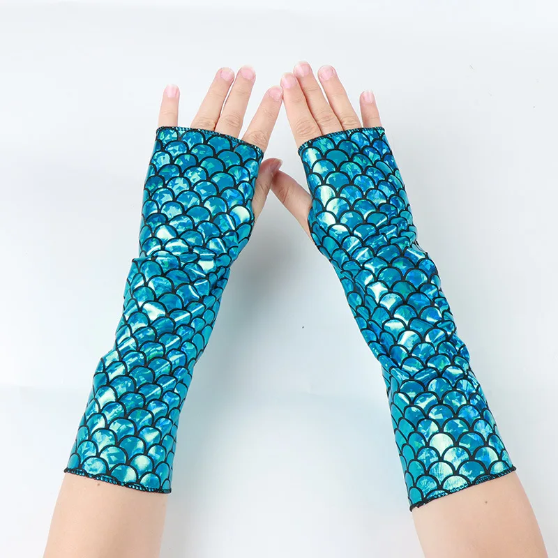 Fingerless Gloves Mermaid Scale Elastic Sun Protection Sleeves Halloween Costume Polyester Spandex Rainbow Medium Lightweight