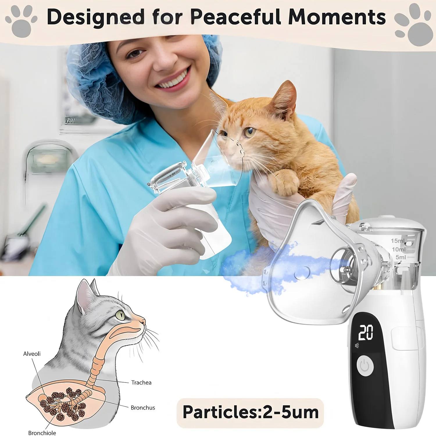 Tragbarer Haustier-Vernebler, geräuscharmes Inhalationsgerät für Katzen und Hunde, Atemwegspflege, Gesundheitsbedarf für Haustiere zu Hause – Detail 3