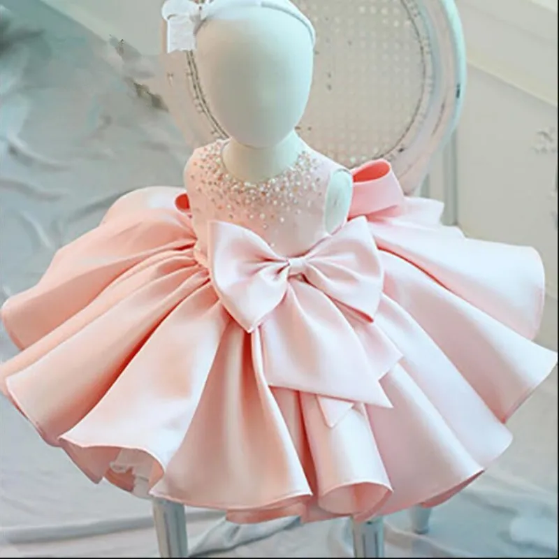 New Fashion Beaded Bow Baby Girl Dress Princess Fluffy Tulle Infant Clothes Baby Girls Baptism Christening 1st Birthday Gown