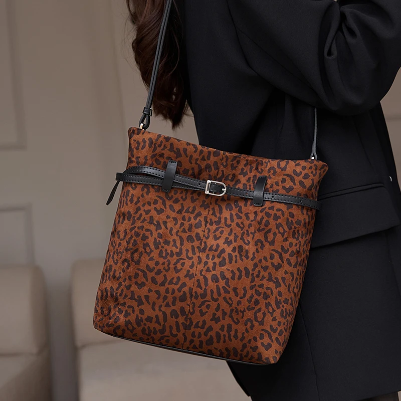

Women's Cow Leather Leopard Print Retro Shoulder Bag Ladies Fashion Trend Luxury Designer Bags Female Cowhide Durable Handbags