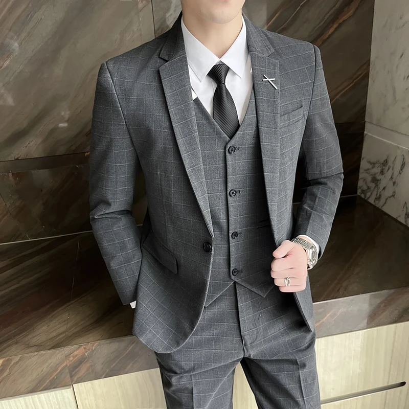 

Мужской приталенный костюм-тройка в корейском стиле для свадьбы и бизнеса, повседневный, с клетчатым узором, модный городской стиль