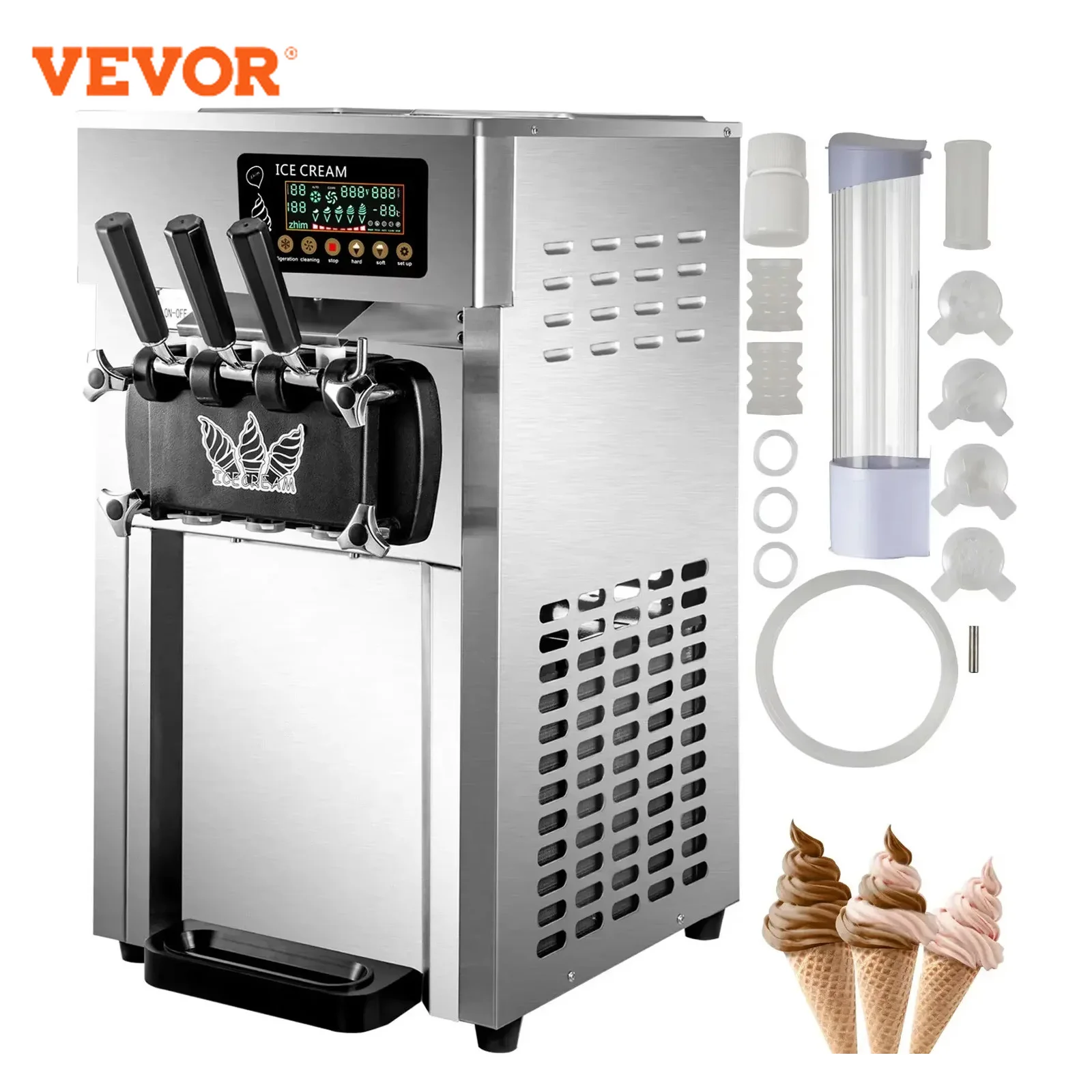 

VEVOR A168 Commercial Soft Ice Cream Machine 3 Flavors 16-18L/H Ice Cream Soft Serve Maker 60HZ Lcd Panel One-click Cleaning