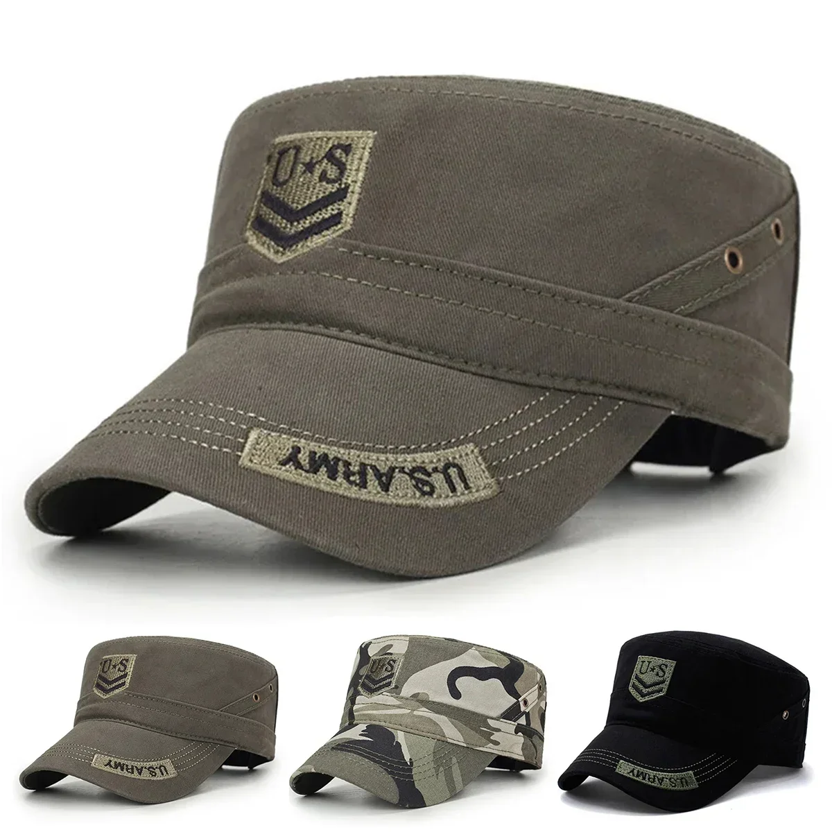 US Letter Embroidery Military Cap Unisex Adjustable Flat Top Hat Outdoor Casual Spring Autumn