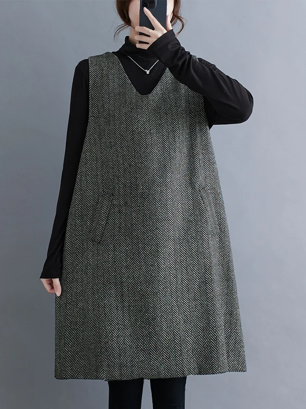 

plus Size Autumn Winter Woolen Vest Dr Midi Length Base Layer Dr Skirt Sle Women's Commute Faion V Ne Cheered P...