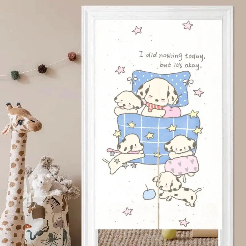 VIKAMA Cute Sleeping Spotted Puppy Half Door Curtain, Cartoon Dog Print Fabric Privacy Divider, Pet Lover Home Decor