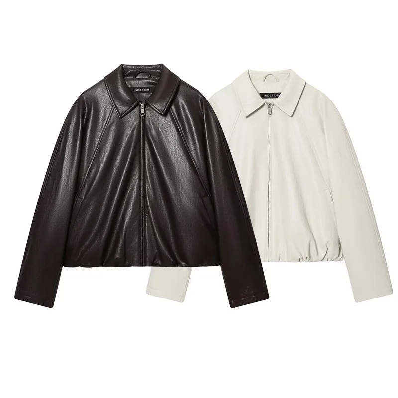 CharmChant Skórzane Kurtki Damskie Nowości na Zimę 2025 Płaszcz Damski Jednolity Kolor Y2K Vintage Bomberka Długi Rękaw Odzież Wierzchnia