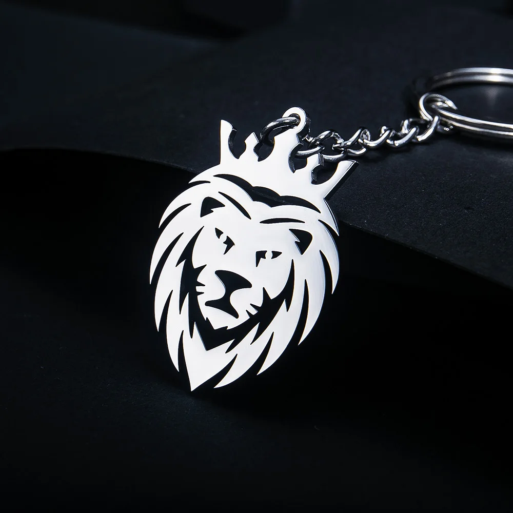 Tangula Lion Keychain Stainless Steel Punk Mens Crown Animal Car Backpack Accessories Fashion Jewelry Gifts for Children