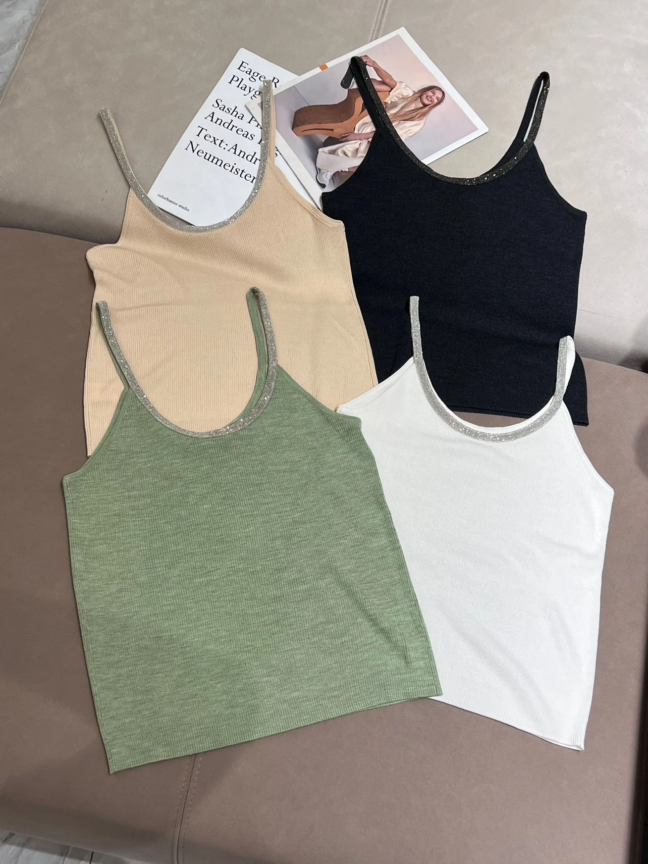 

Summer B*C Women's Sling Vest Woll Blend Bead Chain Pullover Sling Casual Female Tank Top's Woman's Clothing