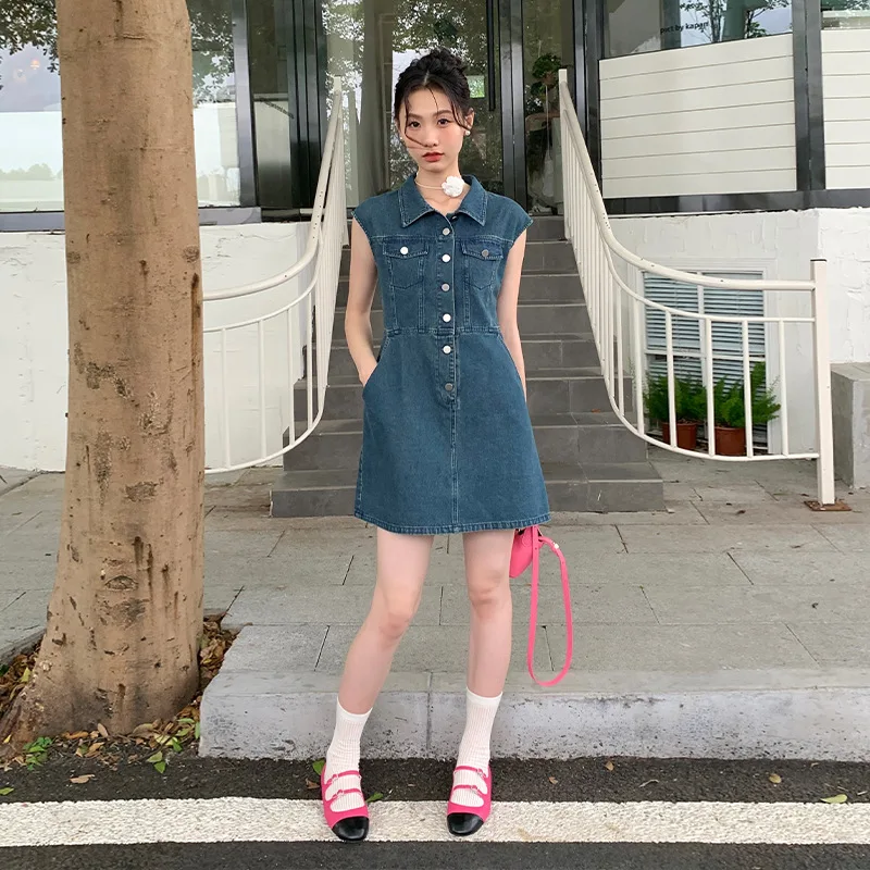 

Summer Women's Dresses Korean Fashion Trend Denim Dress Sleeveless Lapel Waisted Slim Single-breasted Pullover Mini Y2k Dresses