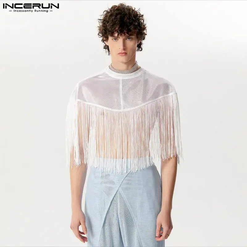 2024 Men Tank Tops Cloak Tassel Patchwork O-neck Sleeveless Irregular Vests Streetwear Sexy Fashion Male Ponchos INCERUN S-5XL