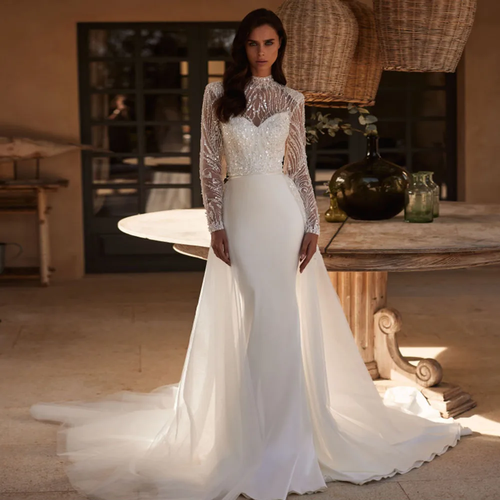 Customized Ivory Detachable Lace High Neck Sleeve Mermaid Wedding Gown Smooth Satin Sweetheart Sweep Train Bridal Dress