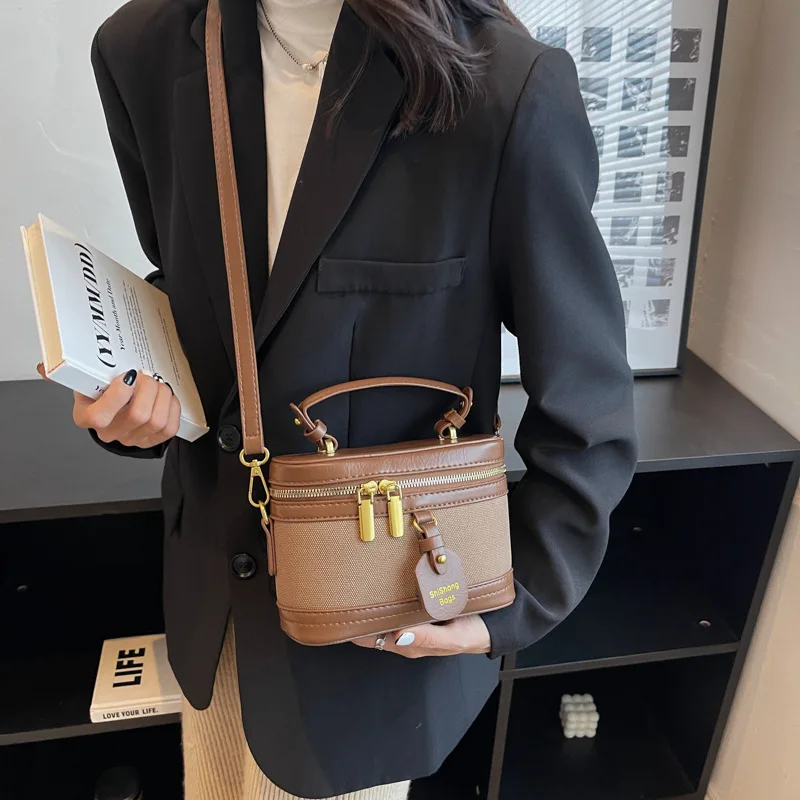 Vintage Women\'s Mini Bucket Bag Contrast PU Leather Zipper Shoulder Crossbody Bags 2023 Autumn Versatile Lady Commuter Box Pack