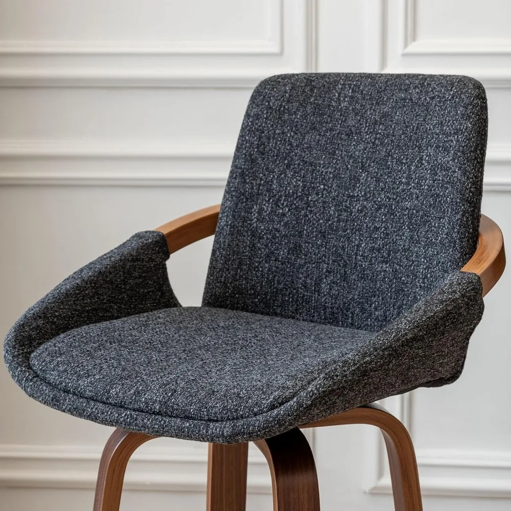 Counter Height Barstools Mid Century Modern Retro Bar Chairs Charcoal Linen Look Fabric Upholstered and Walnut Wood Frame