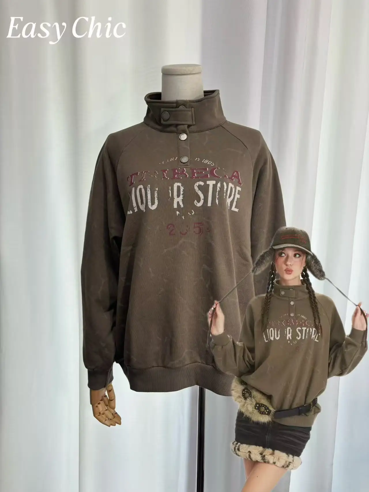 

2025 American Vintage Loose Lazy Half-Turtleneck Sweatshirt Unisex Printed Autumn Pullover Coat Trendy Outerwear