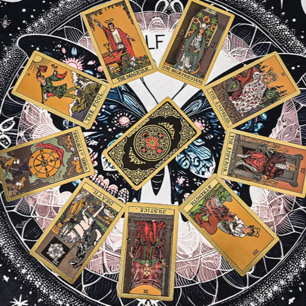 Zwart goud Hexagram Rider goudfolie Tarot Deck – 78 stuks waterdichte krasbestendige tarotkaarten in stijve geschenkdoos 12 * 7 cm