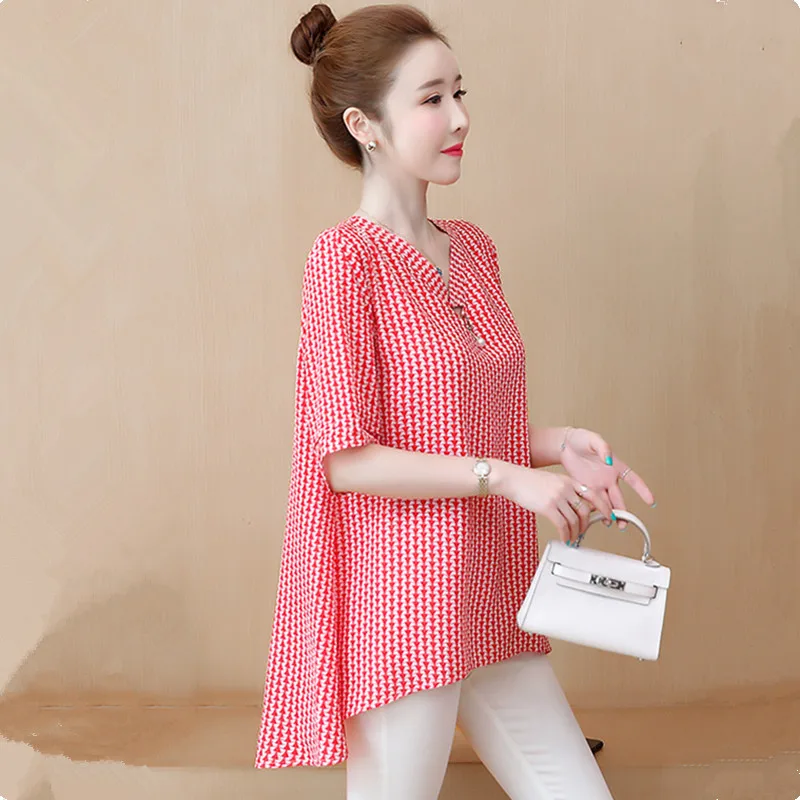 UHYTGF 5XL Loose Size Top Women's Korean Fashion Striped Chiffon Summer T-Shirt Female V-Neck Pullover Blouses Thin Clothes 2010