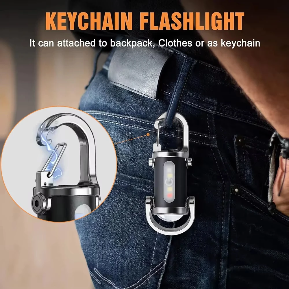 Mini Keychain Flashlight Rechargeable Pocket COB Working Light Outdoor Hook Emergency Warning Light for Camping Walking Hiking