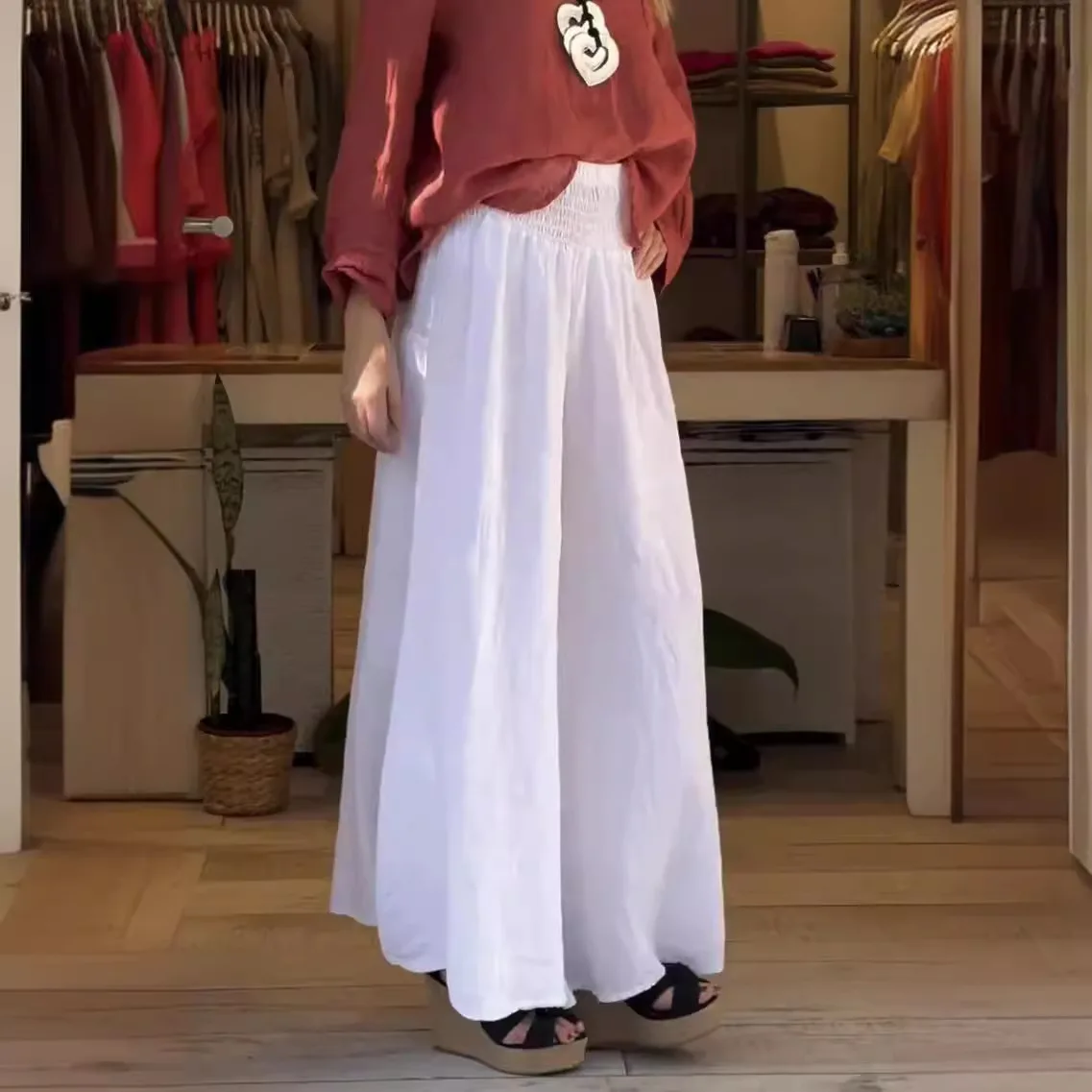 Spring And Summer, Casual Wide-leg Cotton And Linen Casual Loose Trousers For Women