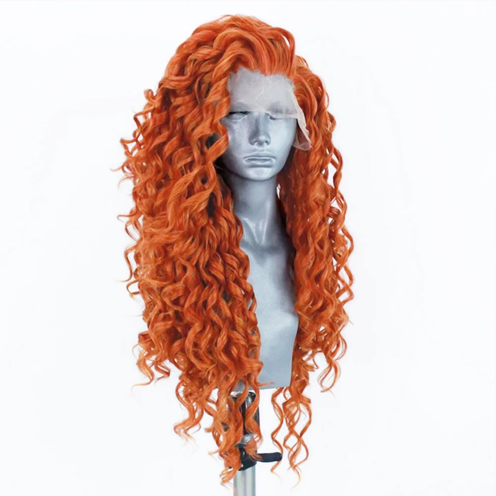 Rongduoyi peruca laranja sintética, peruca frontal de renda para mulheres, cabelo encaracolado, fibra resistente ao calor, parte livre, linha fina natural, perucas cosplay