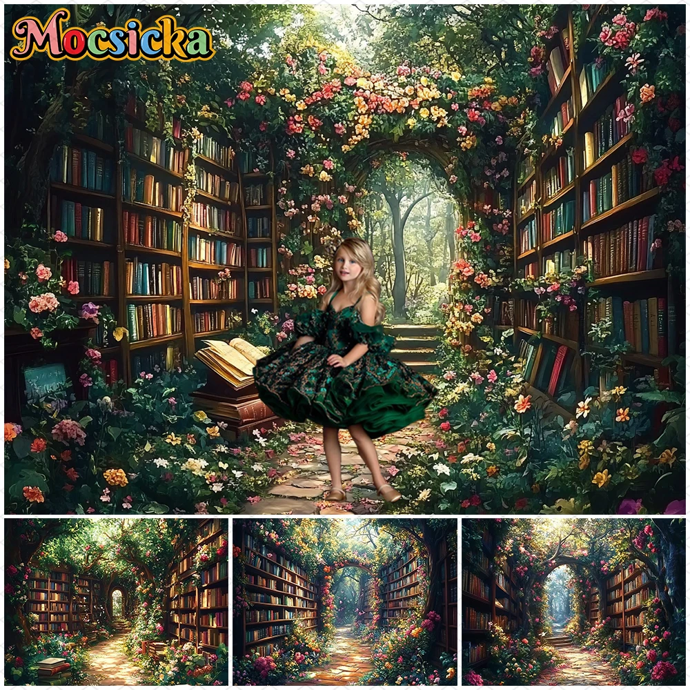 

Mocsicka Easter Backdrop Spring Natural Forest Bookshelf Stone Path Book Flower Decorations Photography Background Studio Banner