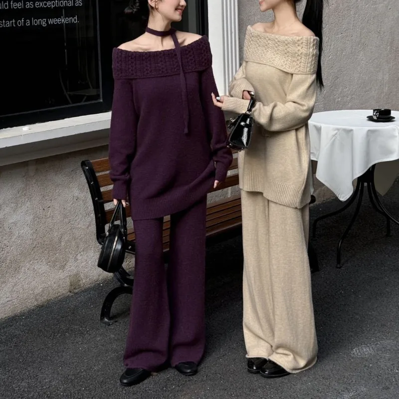 

Fashionable, Elegant and High-end Women's Two-piece Set: New Off-the-shoulder Twisted Sweater with Loose Wide-leg Pants Suit