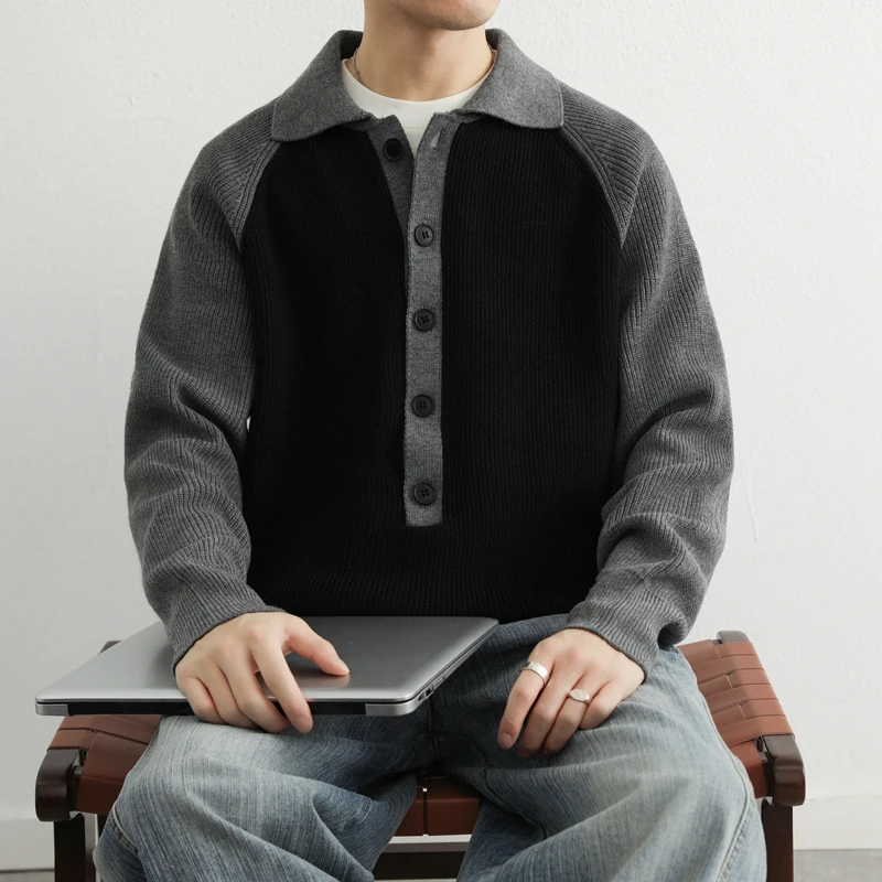 

Модный мужской свитер-кардиган с воротником в стиле колор-блок, осенне-зимний, свободный, вязаный, с длинными рукавами, мягкий, удобный, в американском стиле