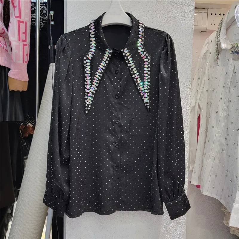 

Light Luxury Rhinestone Beaded Shirt Womens European Fashion Heavy Industry Beads Pointed Collar Autumn Long Sleeve Blouses Tops