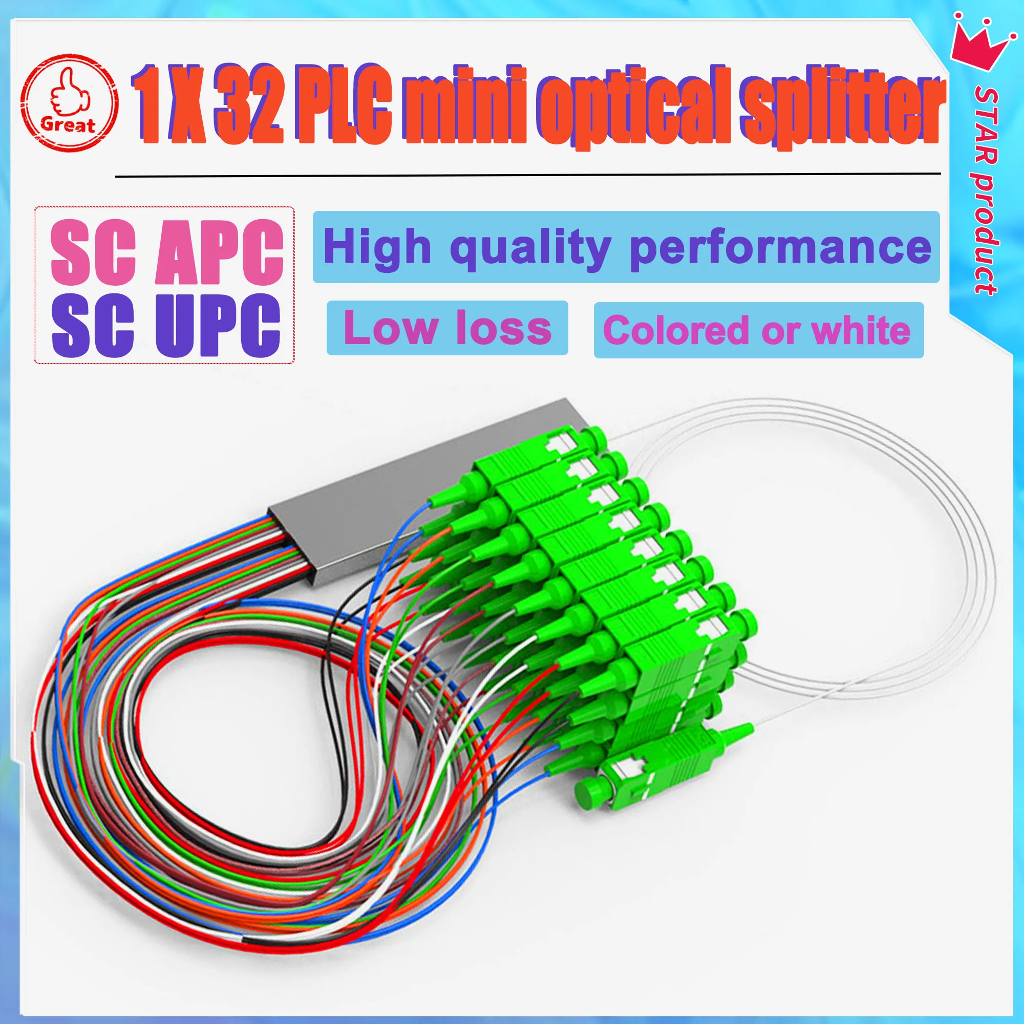 

3/10pcs/Lot 1x32 PLC optical splitter SC/APC Fiber Optic Single Mode 0.9mm G657A1 LSZH 1m Color or white Fiber Optic Splitter