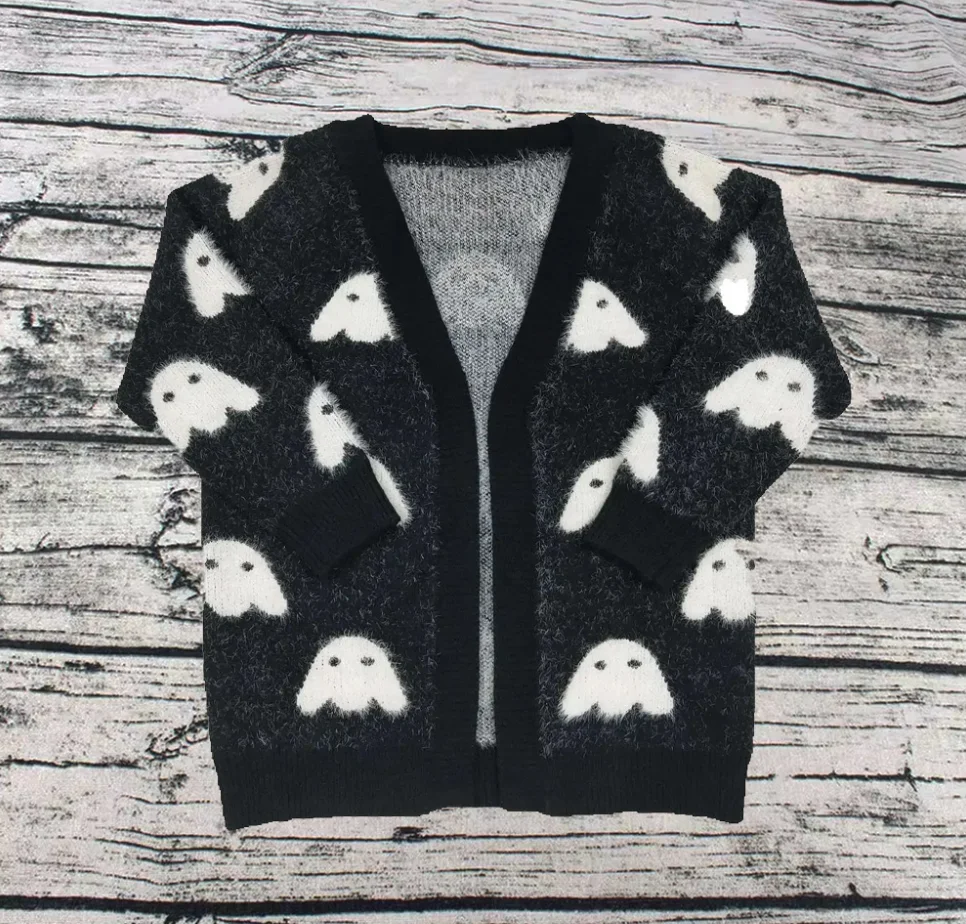 

Wholesale Baby Girls Long Sleeves Halloween Ghost Coat Kids Woolen Children Toddler Sweater Cardigan Black Autumn Clothing