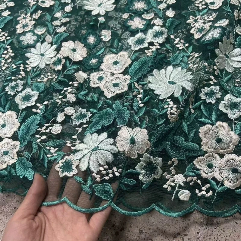 New high-end dark green mesh embroidered dress, lace lace embroidered ethnic style cheongsam clothing fabric