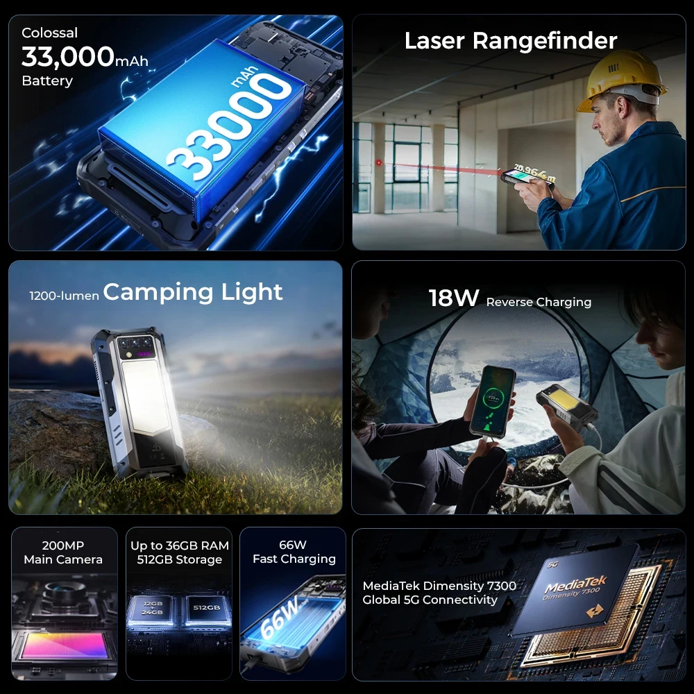 Oukitel WP100 Rugged Phone 33000mAh Battery Built-in Laser Rangefinder 6.8 Inch 16GB RAM+512GB ROM Mobile Phone 200MP Camera NFC