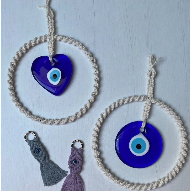 Lucky Eye Glass Blue Turkish Evil Eye Pendant Macrame Wall Hanging Handmade Nazar Decoration for Home Living Room Car Gift