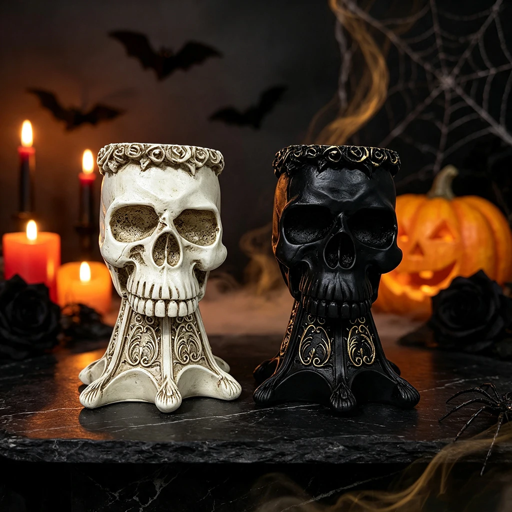 Gothic Skull Vase Resin Skull Head Pen Holder Flower Pot Halloween Decor Desktop Ornament Home Office Decoration Gift