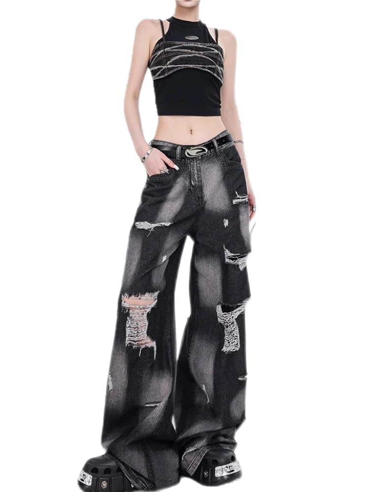 Damskie czarne, barwione krawatowo gotyckie, zgrywanie dżinsy Cargo Harajuku japońska moda uliczna 2000s dżinsy Emo 90s Vintage Denim tandetne ubrania