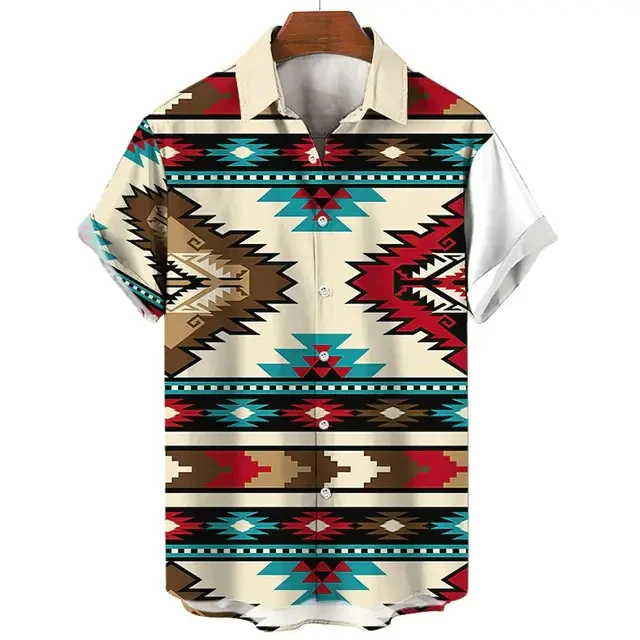 Ethnic Style Pattern Design Casual Men Women Tops Printed Shirts Short Sleeve Shirts Button Up Fashion Tops