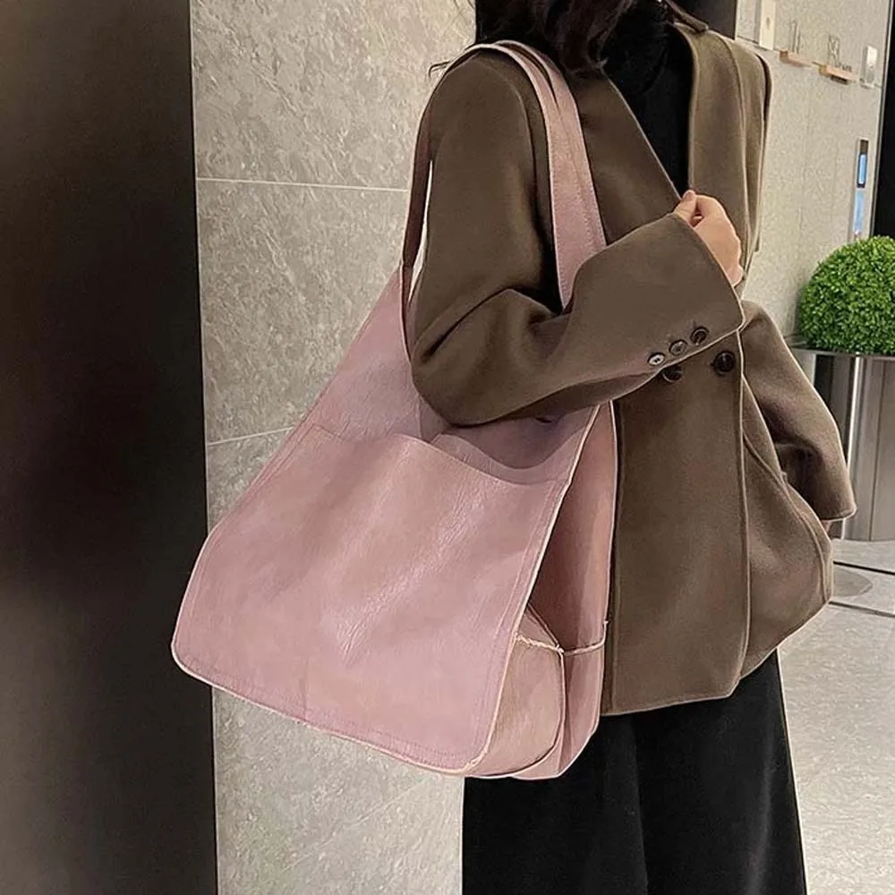 Casual Soft PU Tote Bag Multi-Pocket American Style Large Capacity Shoulder Bag Solid Color Soft Versatile Commuting Handbag
