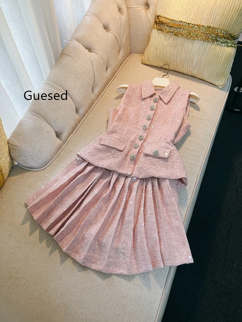 Women's French Vintage Elegant Pink Sequins False Two Piece Dress, Tank Pink Dresses, Female Tweed Short Vestidos, New Arrival