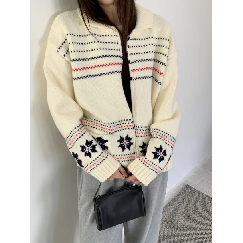 

Вязаный свитер в стиле ретро Fair Isle, женское шикарное зимнее пальто на молнии, цветная блузка, открытый кардиган, корейская верхняя одежда