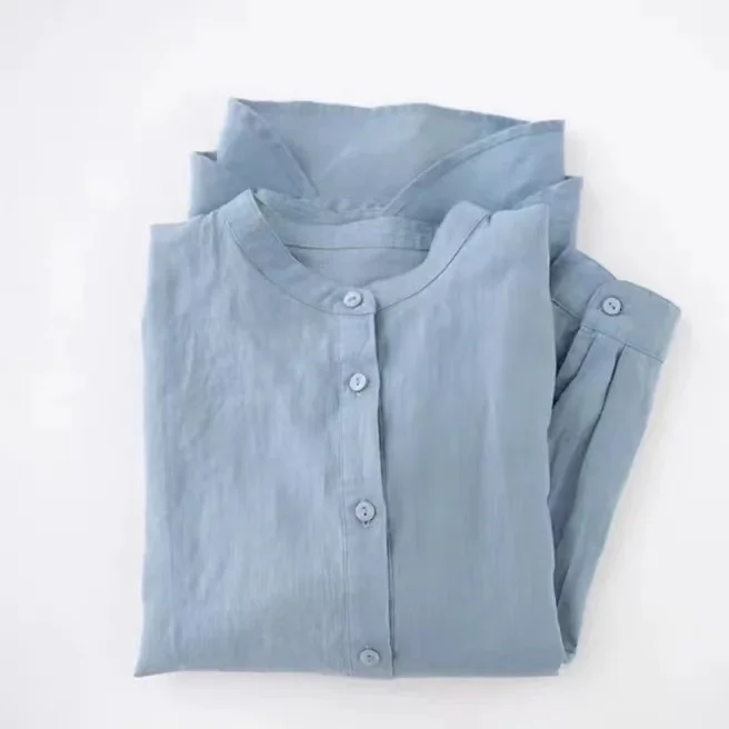 

Синий хлопковый воротник-стойка irt, женский весенне-осенний художественный простой универсальный длинный свек, утягивающий базовый слой, льняной топ