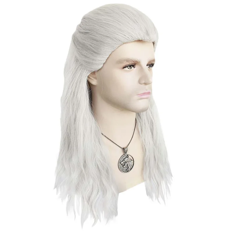 Halloween mens Geralt  cosplay wig Witcher hunter Silver White Wavy  hair costumes wolf necklace