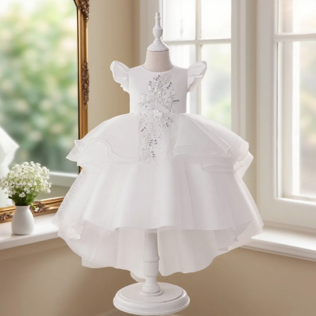 

White elegant dress for girls with embroidery design elegant dress with train suitable for birthday photo shoot
