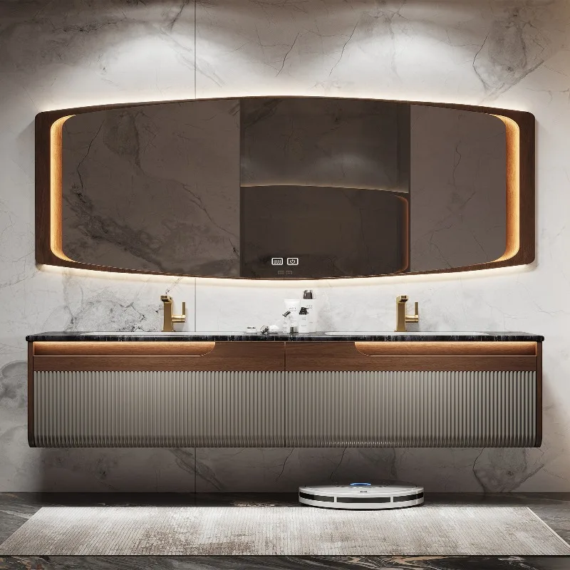 Luxury Solid Wood Floating Bathroom Vanity With Sink Integrated Sintered Stone Smart LED Mirror Cabinet Double Sink Vanity Set