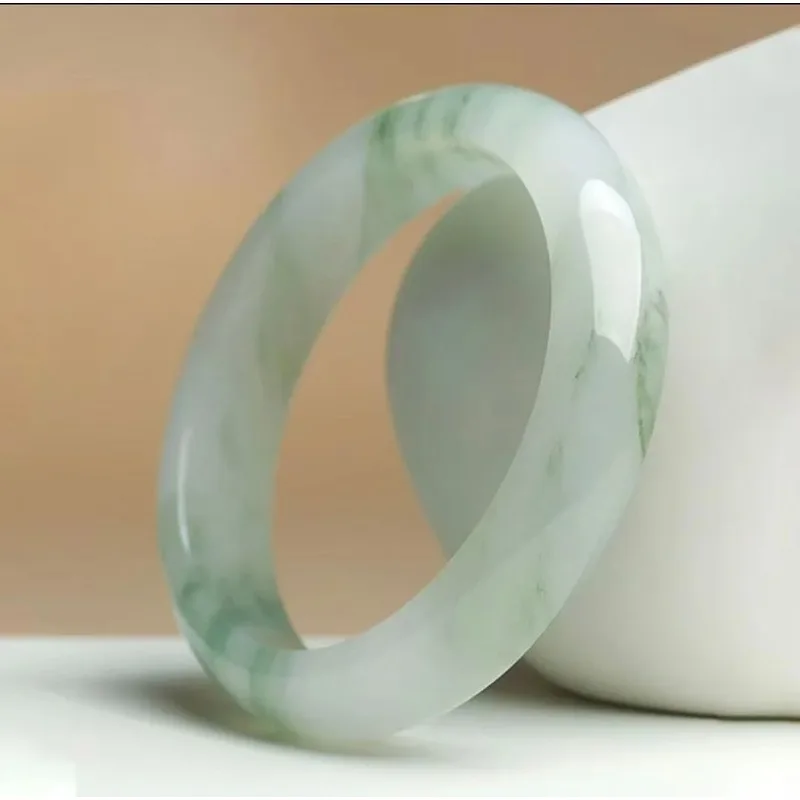 Xinjiang Tianshan Bracelet, Ice-Waxy Natural Snow Jade, Flat Bar with Flower Pattern, Guaranteed Genuine Jadeite, Perfect f