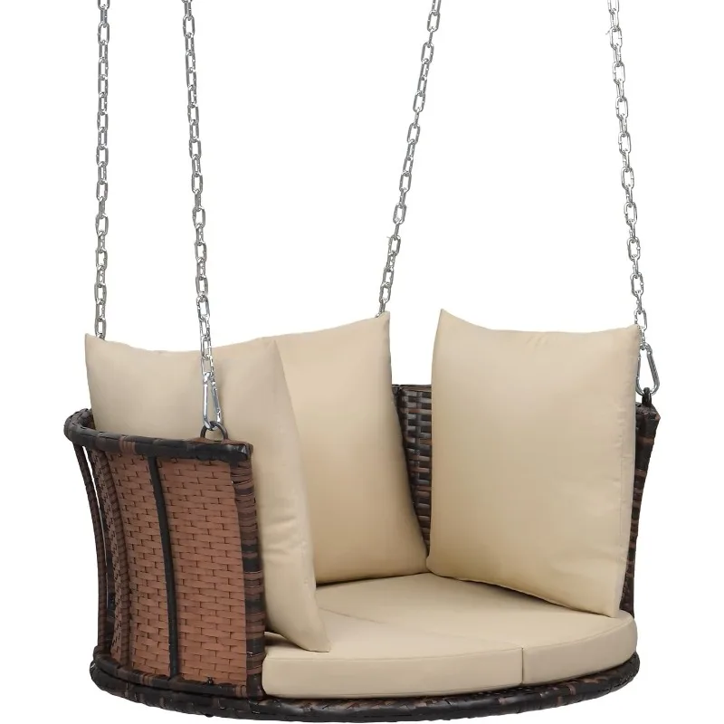 

2.4 FT Patio Porch Swing, Round Rattan Porch Swing with Cushions, Heavy Duty 440 LBS Wicker Porch Swing with Adjustable C