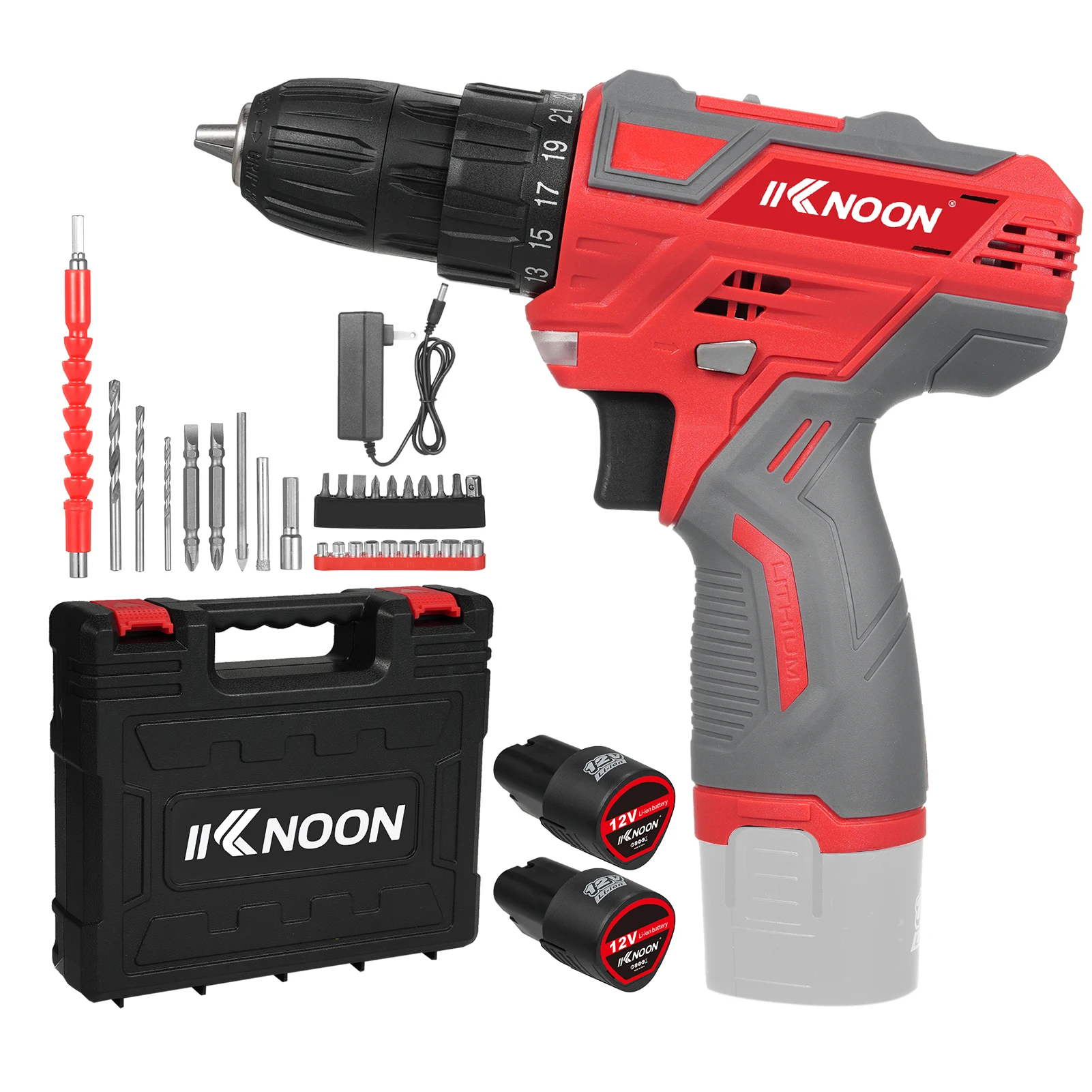 KKNOON 12V Cordless Electric Drill 3/8 Inch Chuck 1.5Ah Battery Power Drill Screwdriver Brushless Lithium Drill with Bits Set