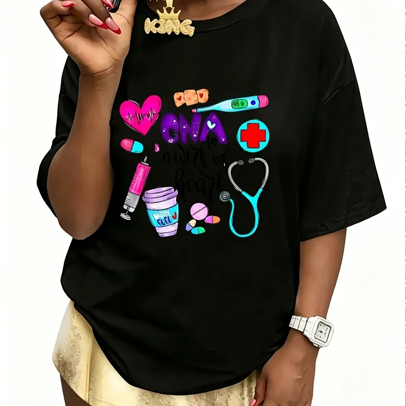 Cna Is a Work of Heart,International Nurses Day Women's 100% Cotton T-Shirt Short Sleeve Top Casual Round Neck Fun Print Tee S-5Xl